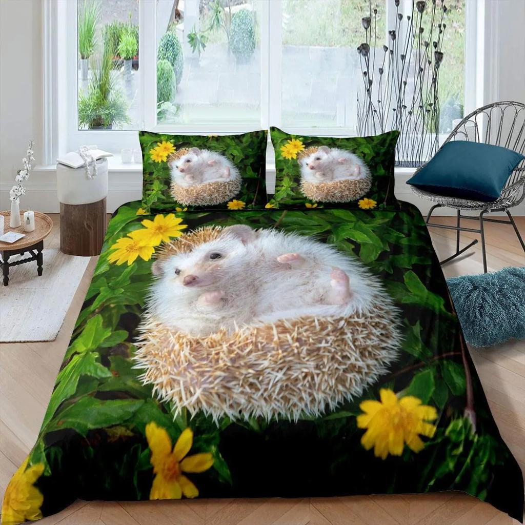Comforter Cartoon Hedgehog Bedding Set Cute Hedgehog Flower Pattern Polyester Comforter Wildlife With Zipper