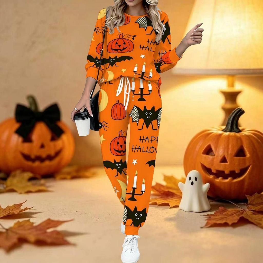Conjunto de Dos Piezas con Estampado de Halloween para Mujer, Top de Manga Larga con Cuello Redondo y Pantalones Jogger con Cordón, Chándal Casual para Primavera Otoño