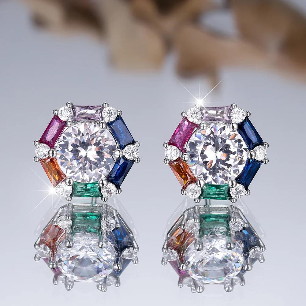 Cute Rainbow Zircon Stud Earrings for Women Luxury Gold Silver Color Wedding Jewelry Gift