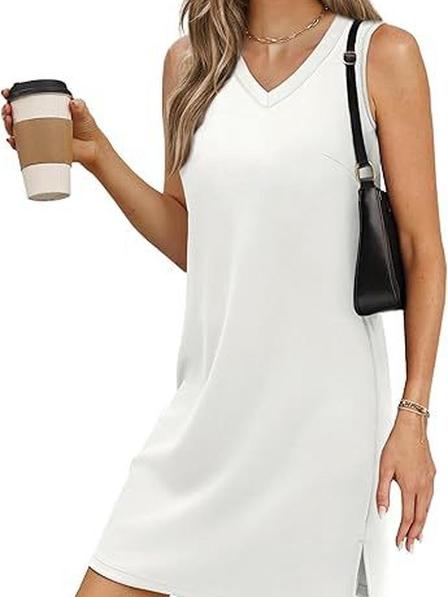 Women s Fashion Sexy V-Neck Sleeveless High-Waisted Pleated Skirt Dress S белый