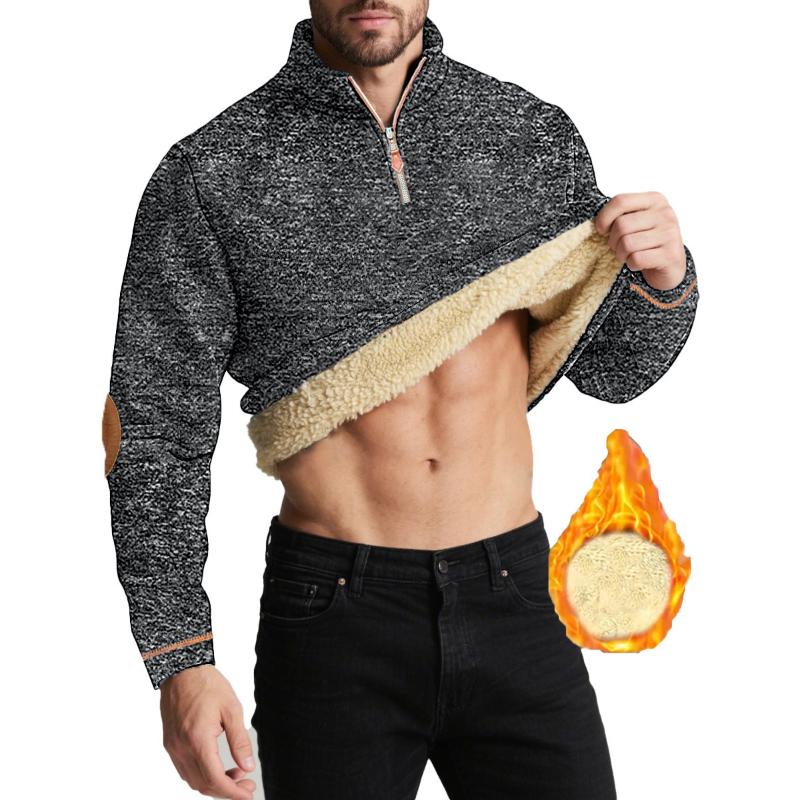 Winter Men's Fleece Lined Pullover Sweatshirt New Leather Decor Long Sleeve Half Zipper Plus Velvet Pullover Tops Casual Hoodies