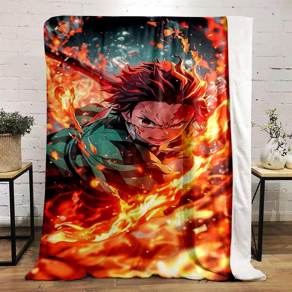 Fiery Anime Warrior in Action Scene Flannel blanket for bedroom, living room, sofa, and nap