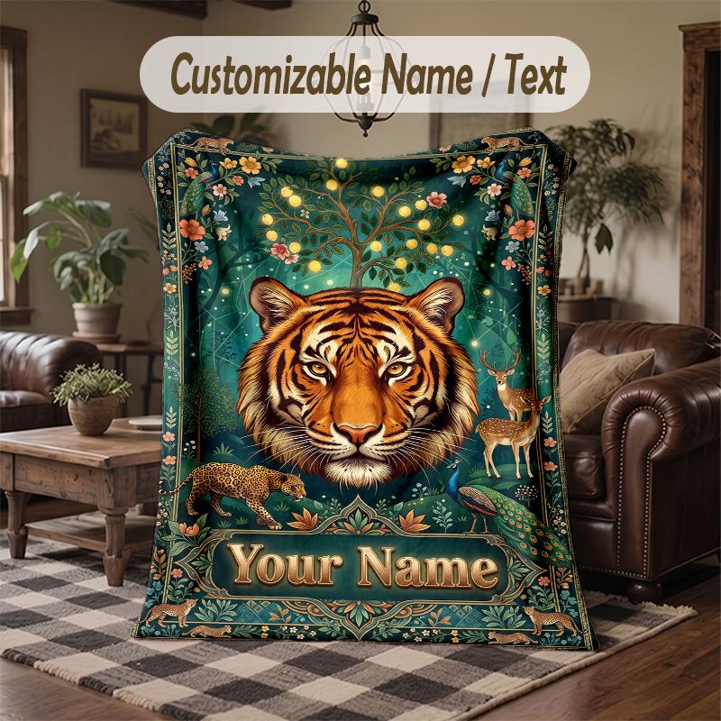 Tiger Forest Majesty Theme Throw Blanket Custom Name Text Personalized Blanket Soft Cozy Blanket for Home Sofa Bed