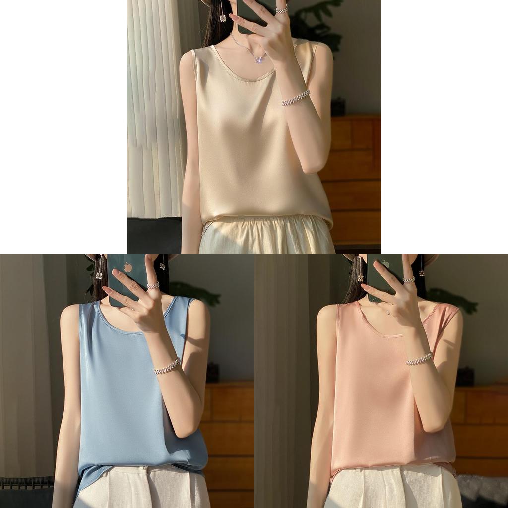 Silk Satin Summer Womens Sleeveless T Shirt With Round Neck For Office Wear