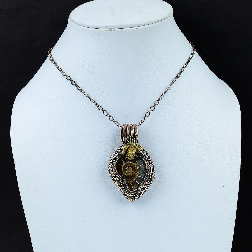 Ammonite Fossil Pendant Copper Wire Wrapped Gemstone Pendant Handmade Copper Jewelry Honey Bee Pendant Unique Wire Wrap Jewelry Gift For Him