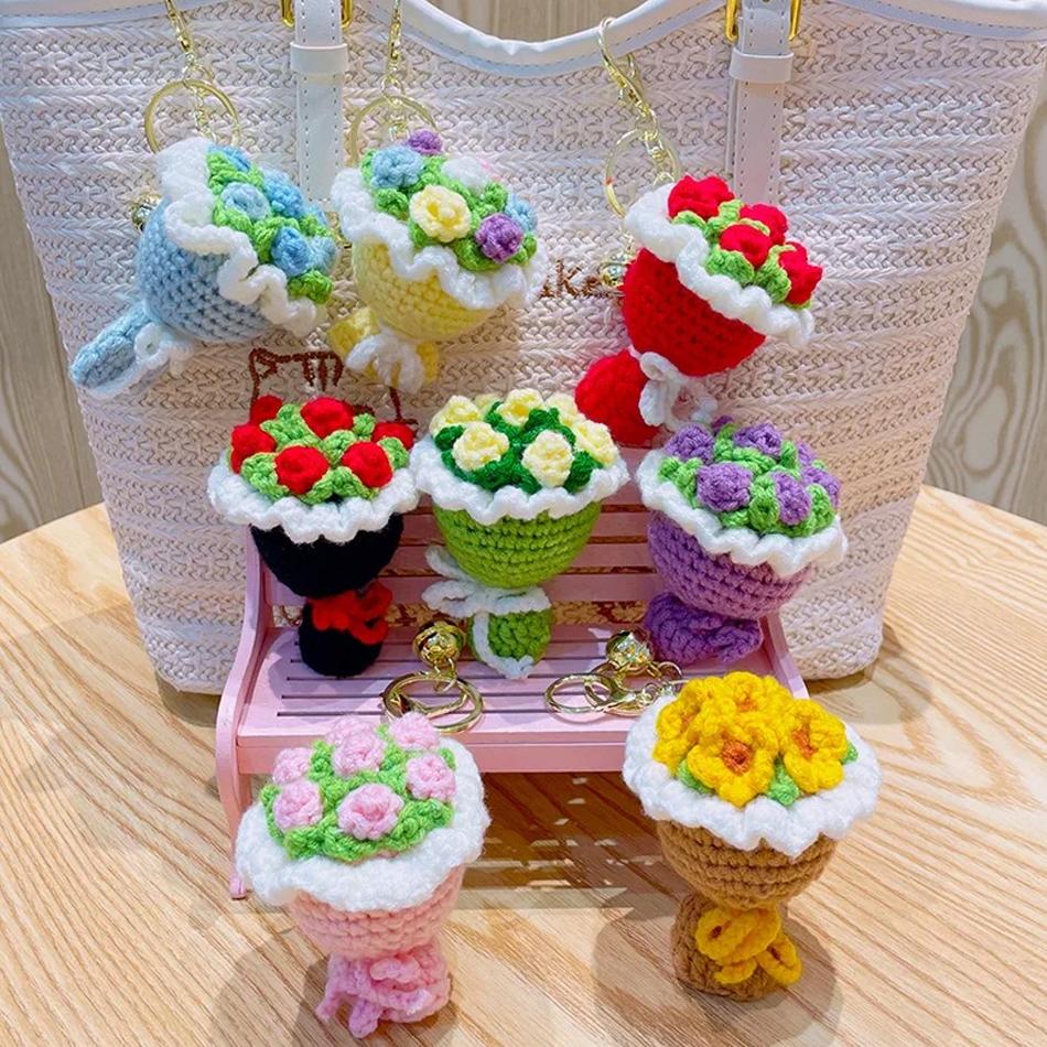 Cute Crochet Flowers Handmade Knitted Crochet Bouquet Keychain Ring Bag Hanging Pendant Ornament for Like Friend Gift