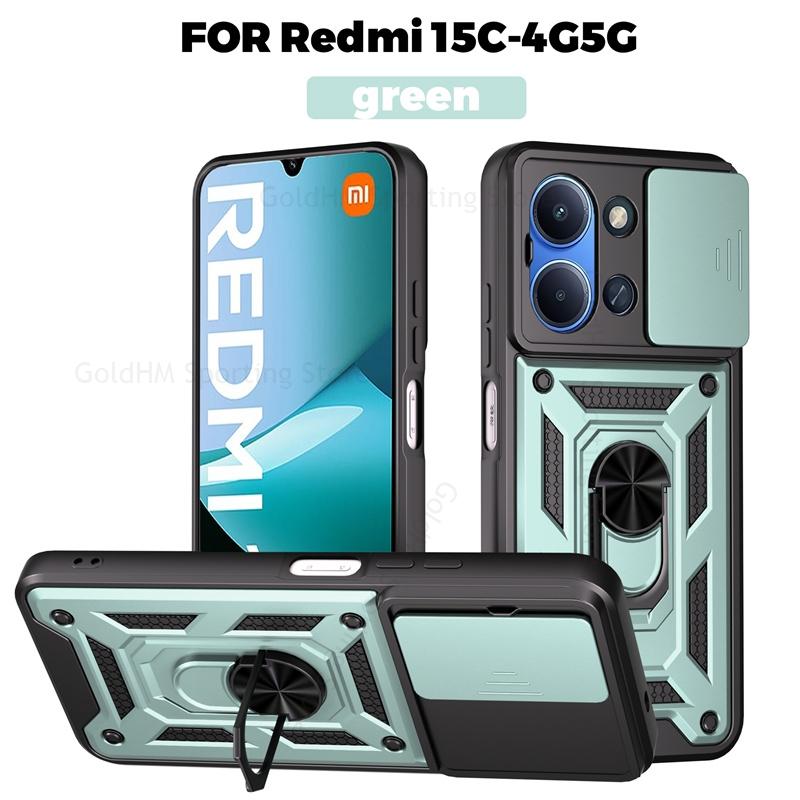 Armor Shockrpoof Hybrid Heavy Duty Phone Case For Xiaomi Redmi 15C 14C 13C Magnetic Ring Holder Stand Slide Lens Cover Redmi Note 14 12 13 15 Pro Plus