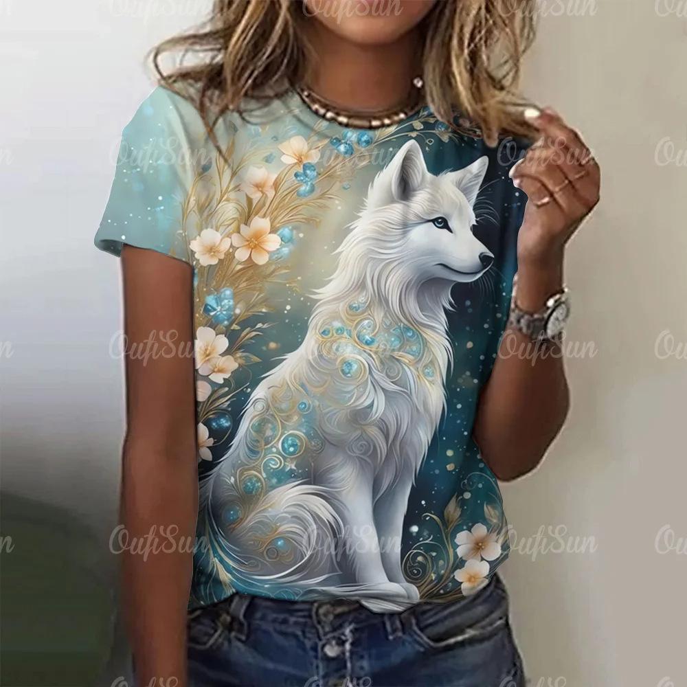 Women's Wolf Printed Round Neck T-shirt 3D Digital Printed Short Sleeve Shirt Fashion Women's Animal Pattern Top 3215 KTB