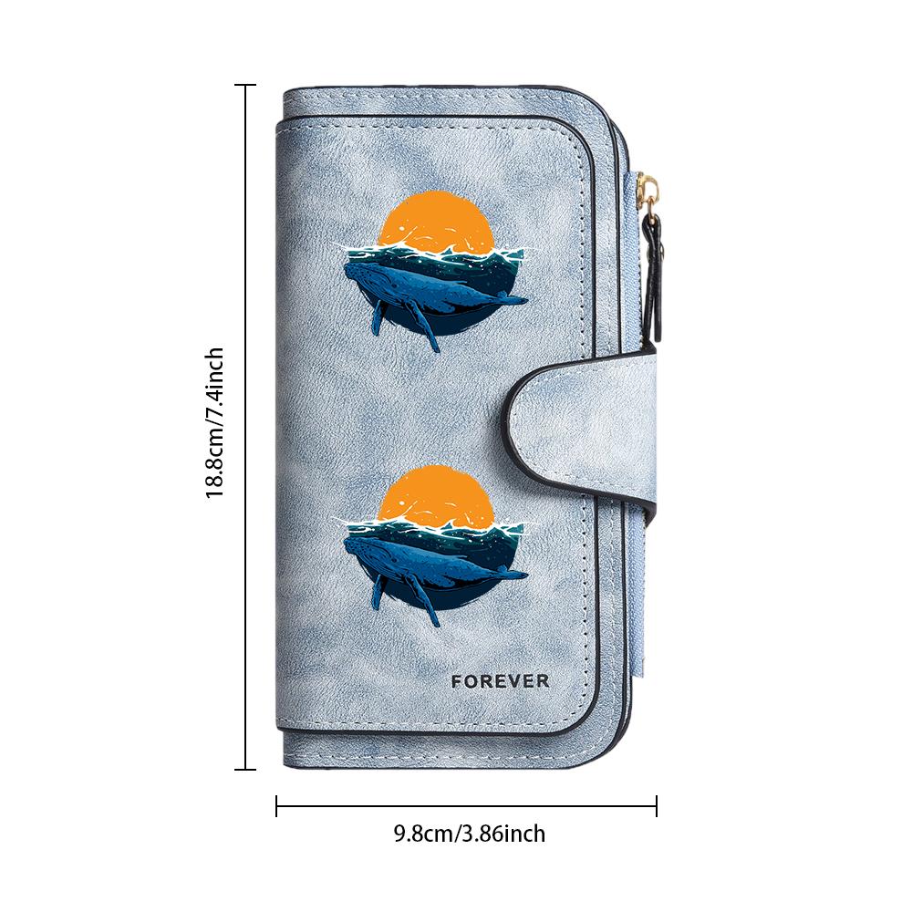 Whale Print Long Wallet for Women Leather Forever Card Holder Fashion Portable Purse
