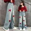 Girls Loose Wide-leg Jeans Soft Trousers Children Bowknot Embroidery Straight Denim Pants Spring Autumn Clothing 5-12 Years