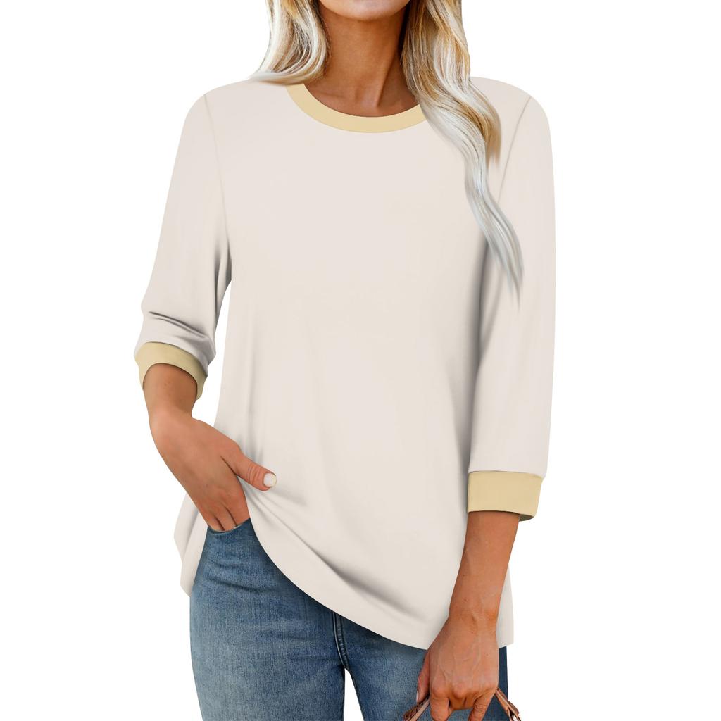 Women's Fashion Casual Seven Sleeve T-Shirt Print Round Neck Top