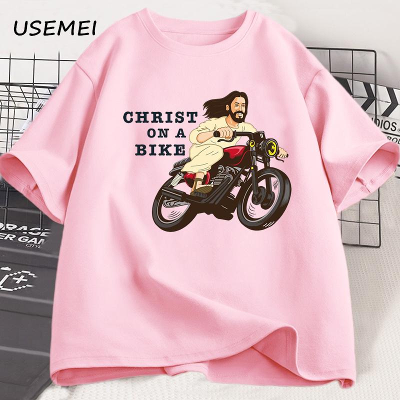 Christ auf einem Motorrad T-Shirt Lustig Religiös Herr Jesus Kirchengruppe Ostern T-Shirt Unisex Damen Baumwolle Kurzarm T-Shirt