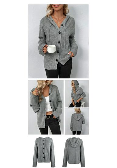 Women's Solid Color Hooded Knit Sweater Cardigan with Drawstring - New for 2025 Autumn/Winter