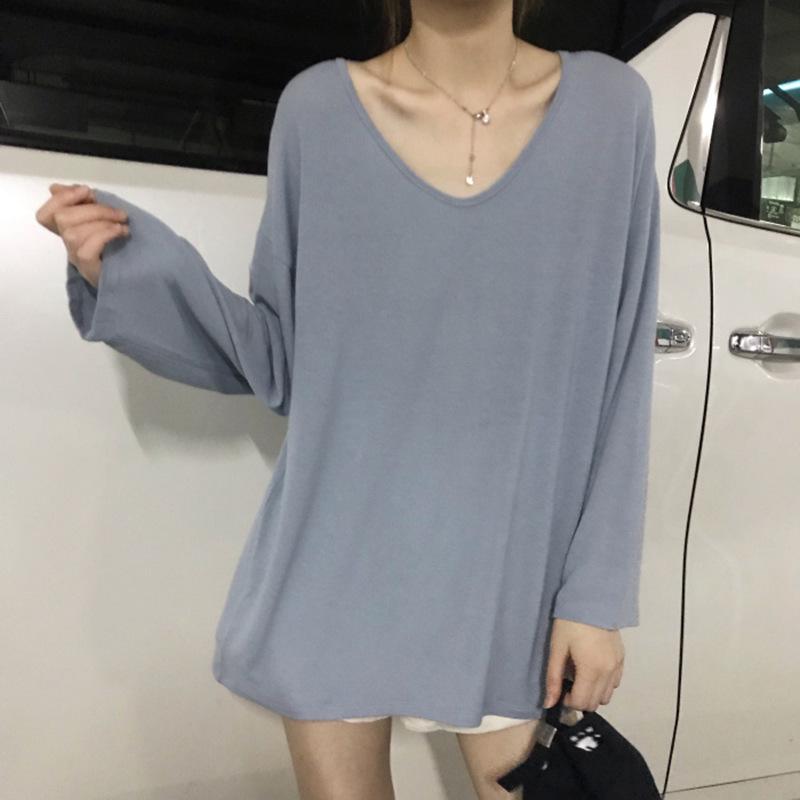 Autumn 2025 Women's Solid V-Neck Long-Sleeve Loose-Fit T-Shirt