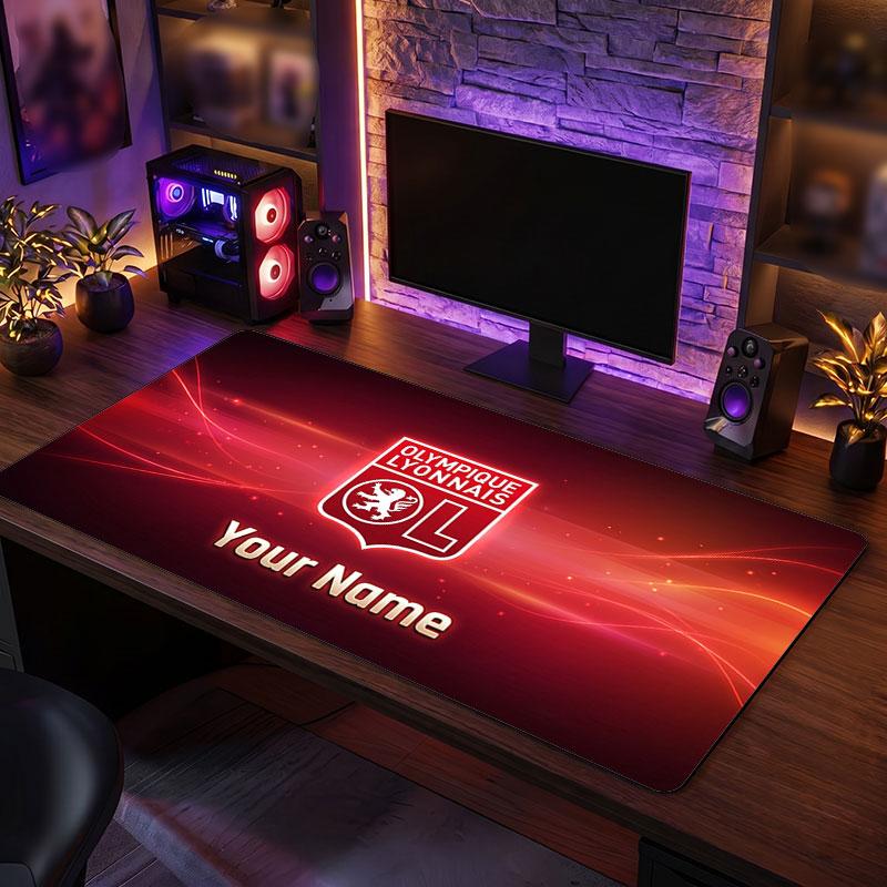 Lyon FC Custom Large Mouse Pad, Personalized Name Text Print, Football Logo Non‑Slip Desk Mat Gaming Gift
