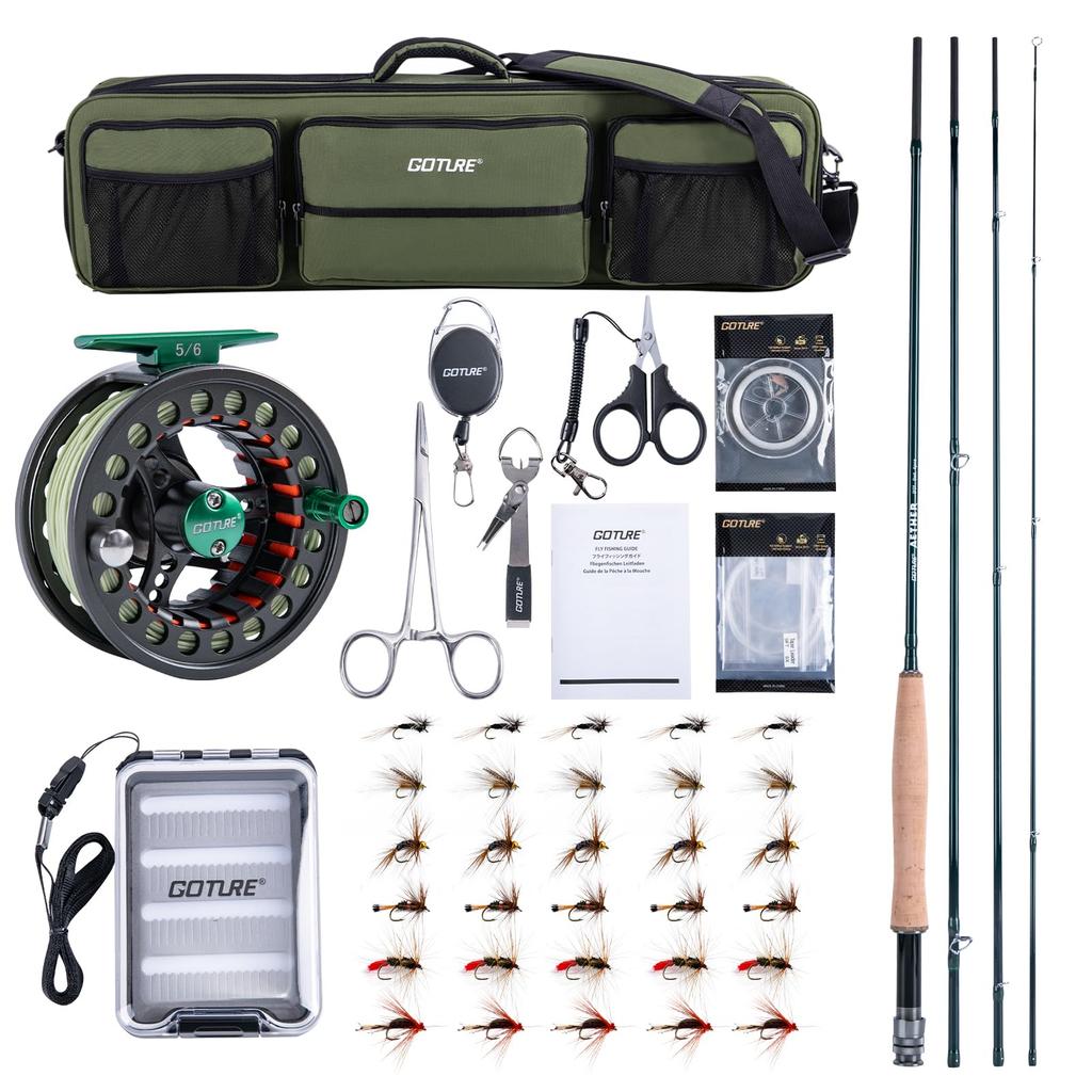 GOTURE Mountain Stream Fly Rod Carbon Rod Fishing Fly Fishing Starter Kit #6 [Includes Bag]