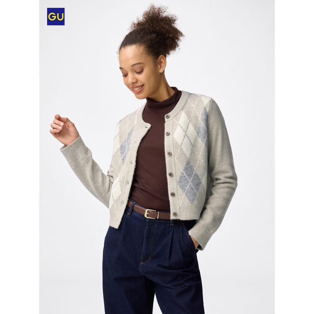 Uniqlo Gu Puff Knit Argyle Crew Neck Short Cardigan