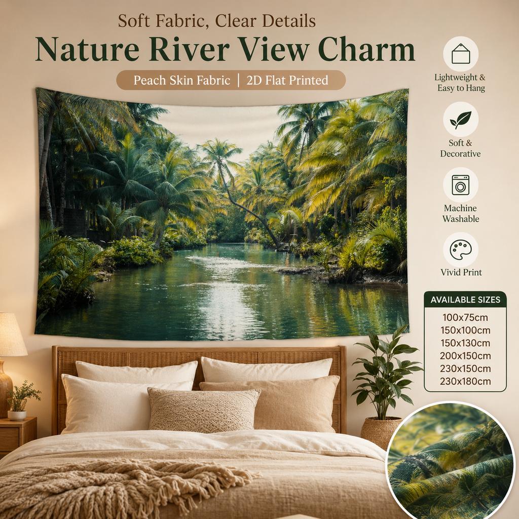 Tropical Jungle River Tapestry 2D Flat Printed Peach Skin Wall Hanging Palm Tree Nature Landscape for Living Room Bedroom Decor