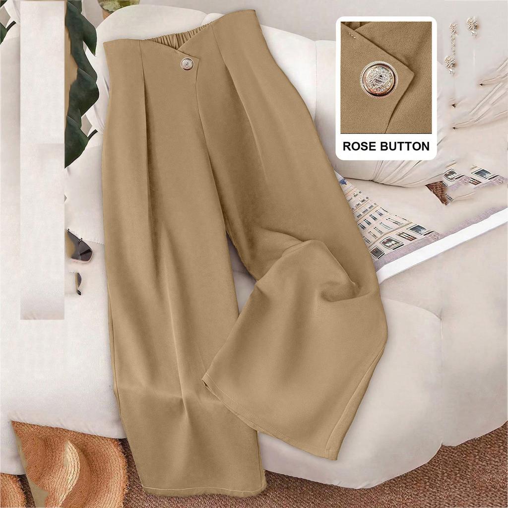 Women's Casual And Stylish Color Button Wide,leg Trousers