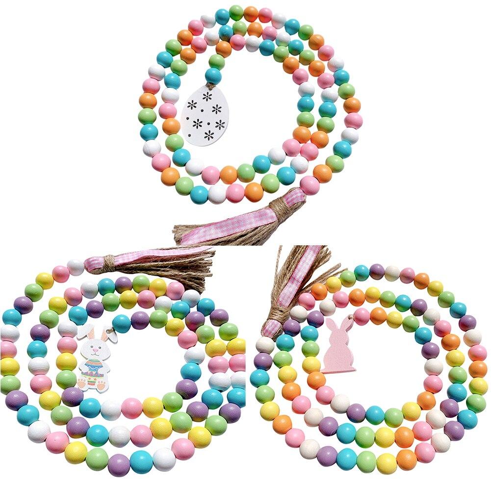 Colorful Easter Wood Bead Garland With Tassel And Bunny Tag Boho Decor Hanging Farmhouse Rustic Bead Easter Decorations For Home