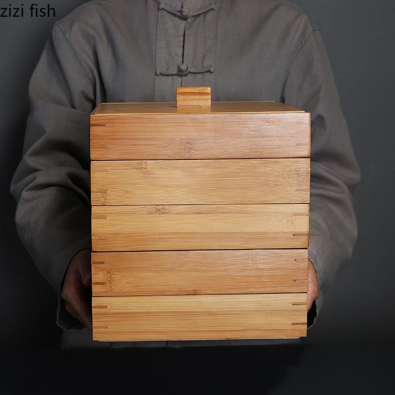 Bamboo Tea Box Square Storage Box Tea Cake Organizer Stackable Tea Cabinet Multi-layer Storage Bin Tea Organizer Tea Container