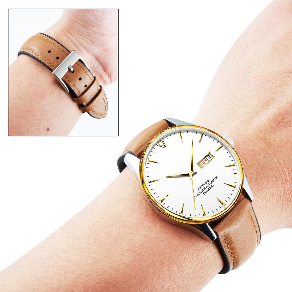 Leather Watch Band with Inner Rubber Breathable Hybrid Quick Release Watch Strap Wristwatch Strap Smartwatch Strap Unisex Silver [BINLUN] (Light