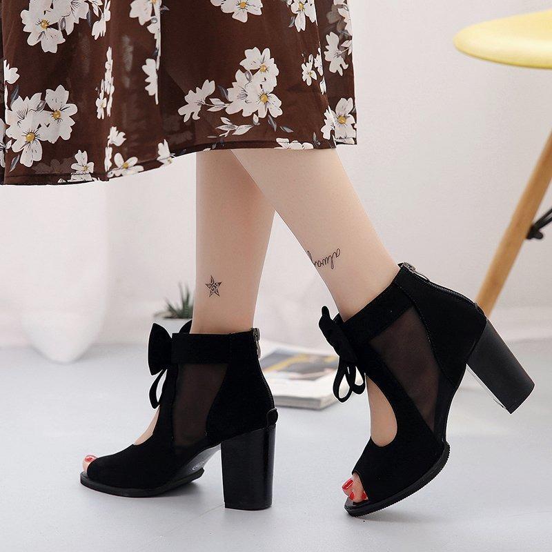 Fish Mouth Sandals 2025 Summer New Thick Heel Bow Sandals Roman Mesh Hollow High Heel Women's Shoes