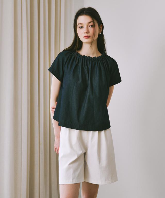 RONRON Shirring Neck Blouse Deep Denim