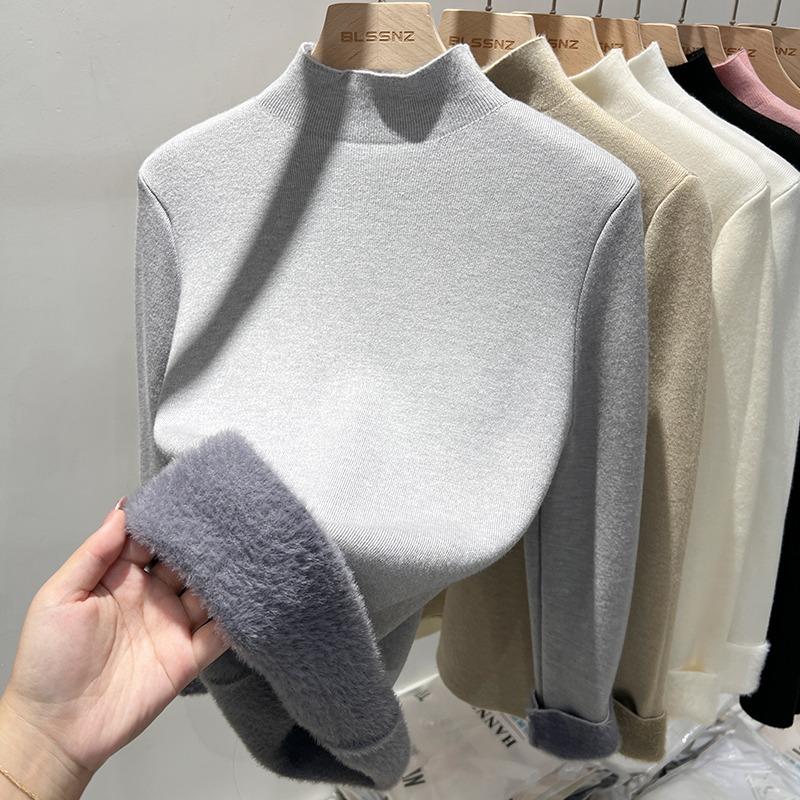 Autumn Half High Collar Slim Fit Warm Knitted Sweater Women Fashion Winter Thick Velvet Base Pullover Sweaters for Women Casual Plush Knitwears 24886
