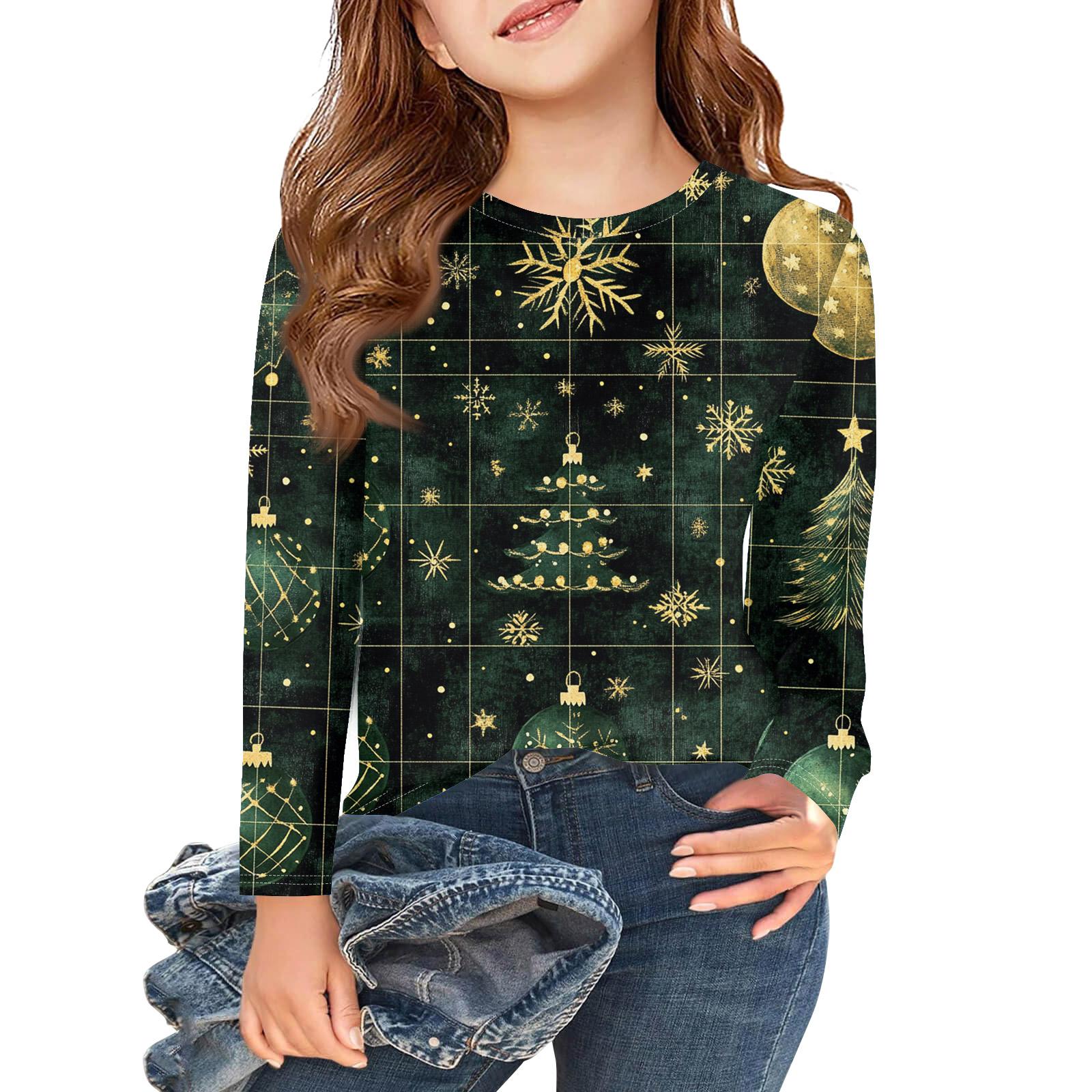 

Рождественские футболки с длинным рукавом для девочек, детские осенние топы с круглым вырезом и принтом, базовые футболки 140 зелёный