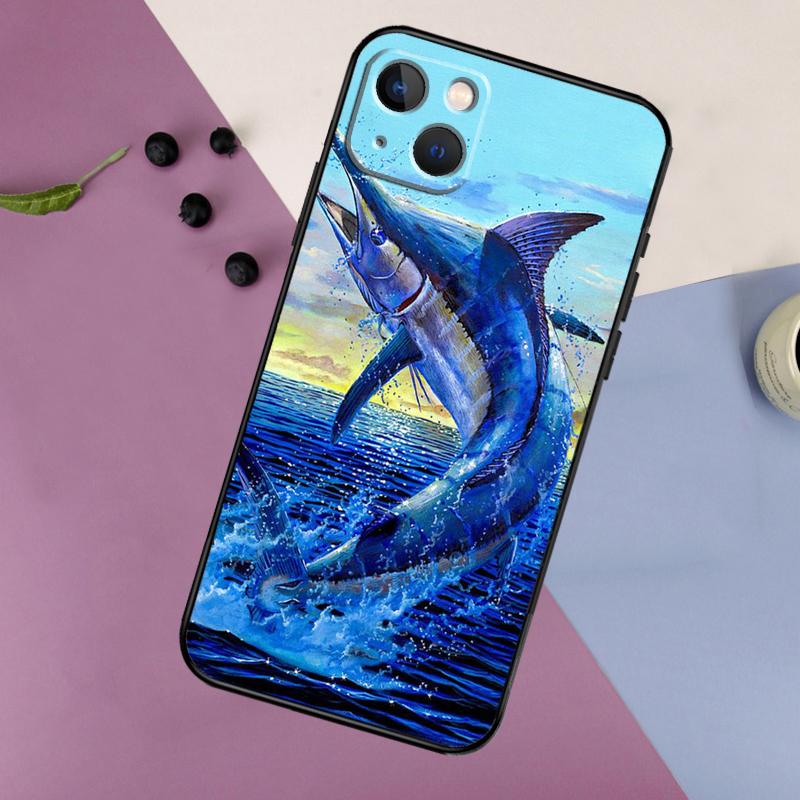 Blue Marlin Painting Case For iPhone 16 15 14 13 12 11 Pro Max Plus X XS Max XR 7 8 Cover Accessories