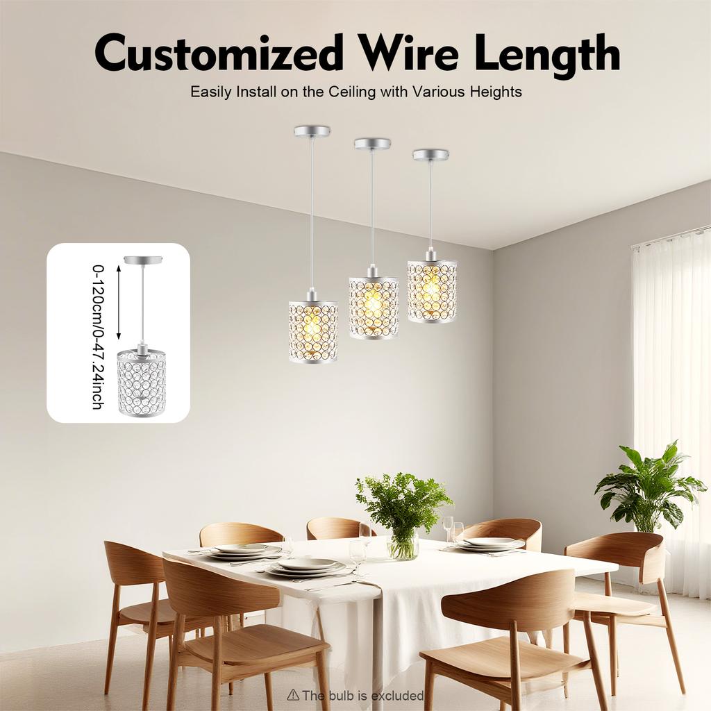 3PCS Silver Modern Crystal Ceiling Light Fixture, E12 Dimmable 40W with Adjustable Wire & Glass Shades, Easy Install for Home