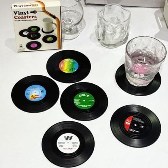 6-piece set retro black rubber record coasters tea cup mats beverage round insulation non-slip anti-mold silicone tape player holder washable