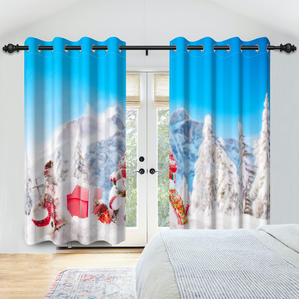 Winter Snow Scenery Blackout Curtains Snowman Pine Forest Pattern Bedroom Living Room Darkening Noise-reducing Window Curtain