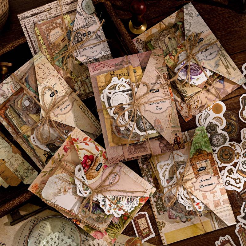 100Pcs Set Vintage Mixed Kit Sticker & Paper 2-in-1 Scrapbook Collage Literary Distressed Decor Supplies