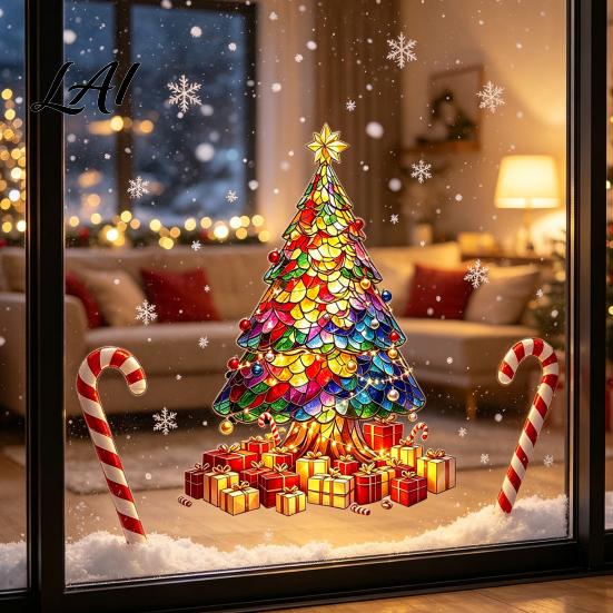 Christmas Theme Window Murals Stained Glass Style Tree Stickers Removable PVC Static Cling Decals for Holiday Home Decor Waterproof Stickers Living