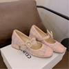 Women's Pink Bow Mary Jane Single-shoe Thick Medium Heel Shoes Princess Elegant High Heel Thick Heel Mary Jane Leather Shoes