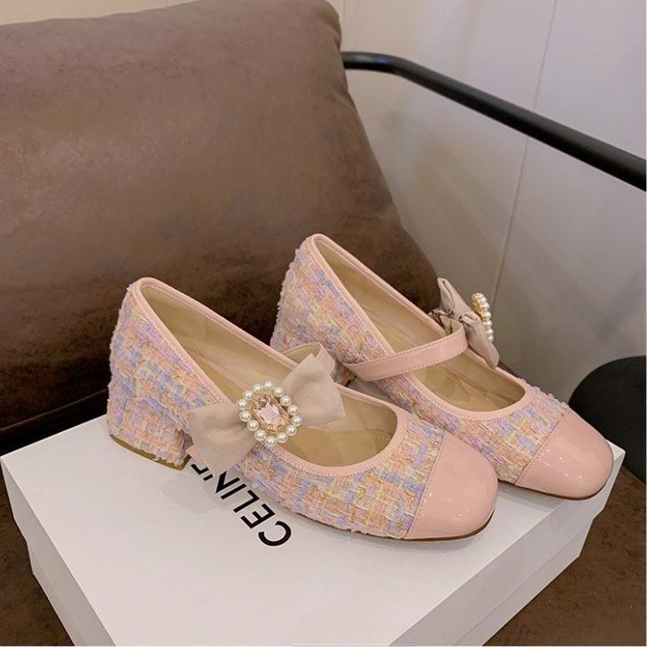 Women's Pink Bow Mary Jane Single-shoe Thick Medium Heel Shoes Princess Elegant High Heel Thick Heel Mary Jane Leather Shoes