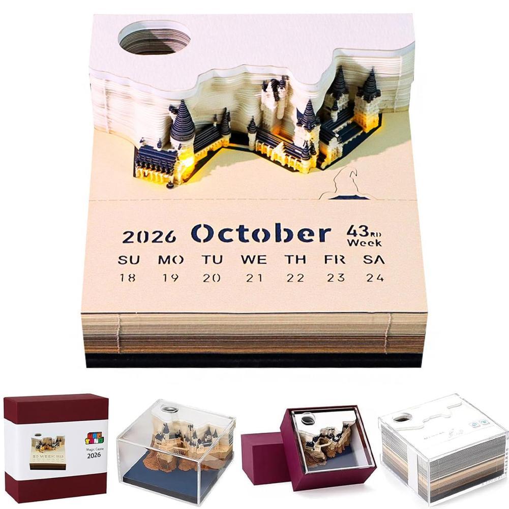 Household Office Magic Castle Weekly Calendar with LED Lights 3D Paper Craft Notepad Desktop Decoration Delicate Paper Ornament