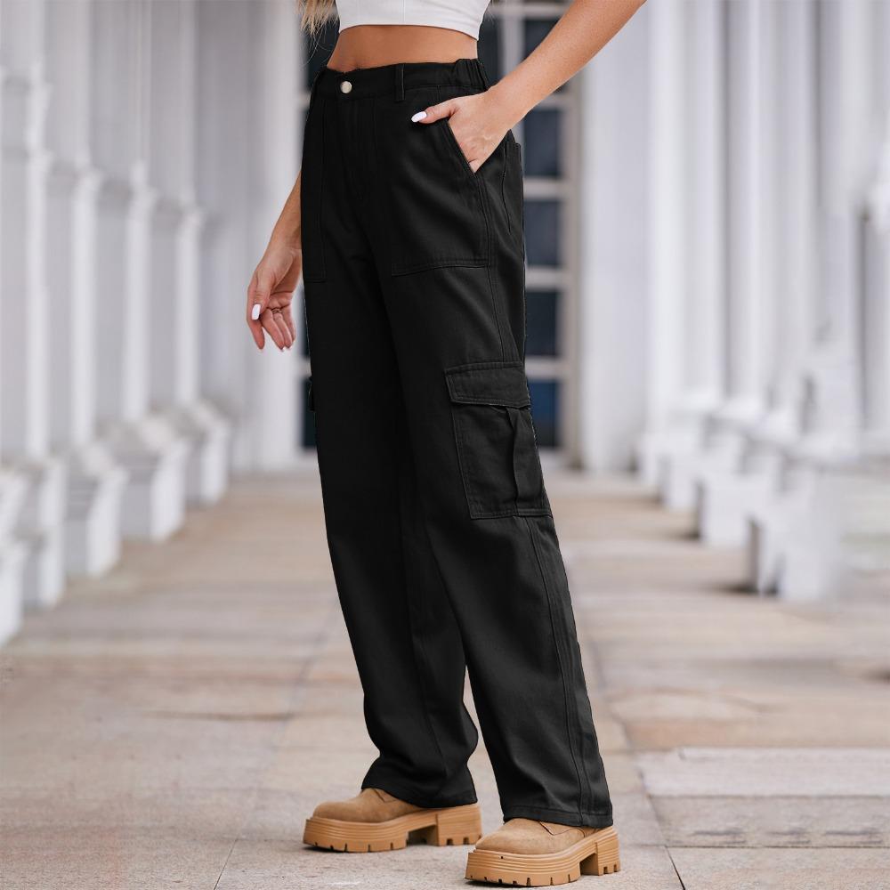 Women's Elastic Waist Straight Leg Long Denim Cargo Pants Street Style Washed Denim Cargo Trousers