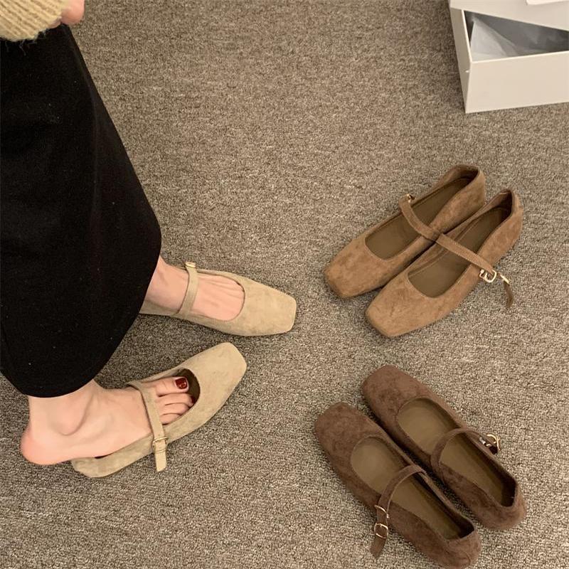 Suede Lazy One-word Strap Single Shoes Female 2025 Spring Grandma Shoes Female Flat-bottomed Pregnant Woman Fairy Wind Shallow Mouth Mary Jane Shoes