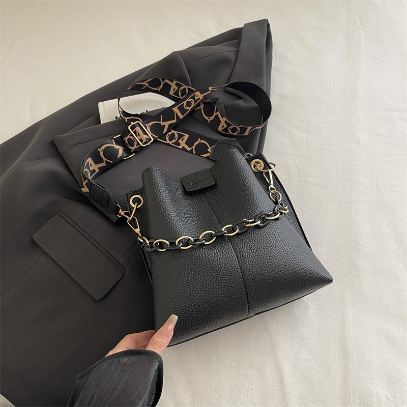 Faux Leather Bucket Bag for Women, Trendy Chain Shoulder Purse, Minimalist Crossbody Handbag KTB