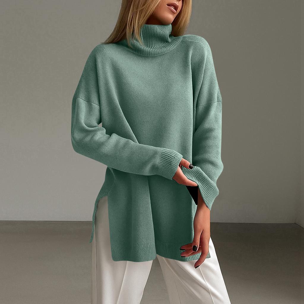 Women's Fashion Casual High Collar Hem Split Long Sleeve Sweater Top