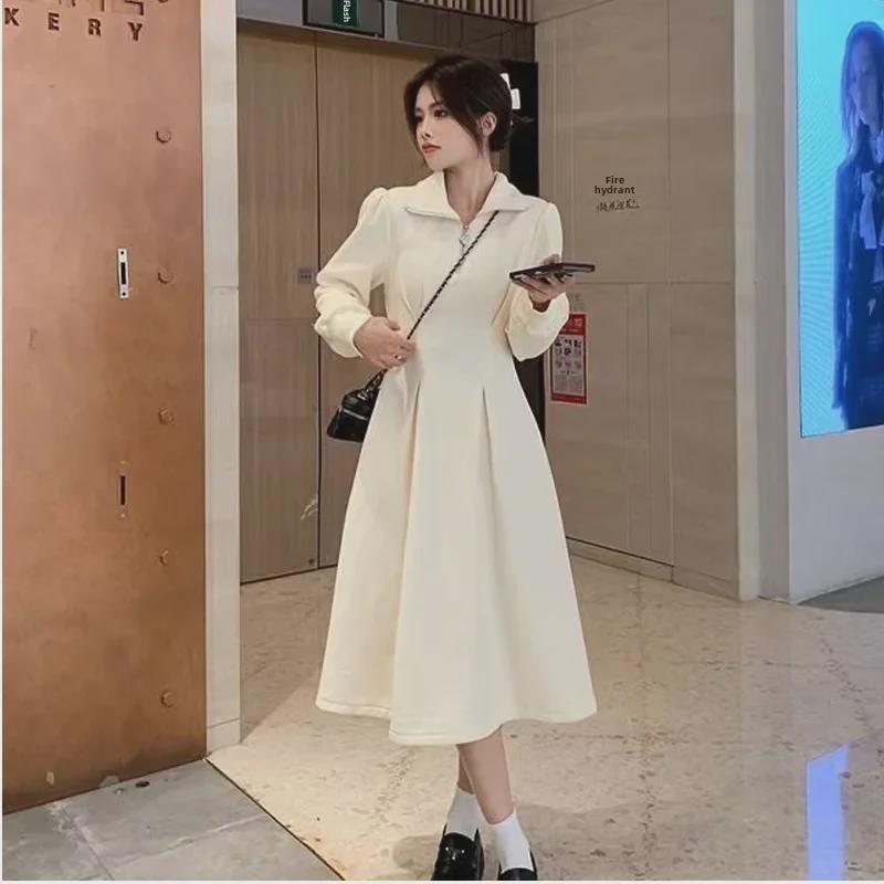 Dámské nadměrné pletené šaty na zip v korejském stylu - Hrubý samet, Jednobarevné, Ležérní podzimní/zimní dlouhá sukně