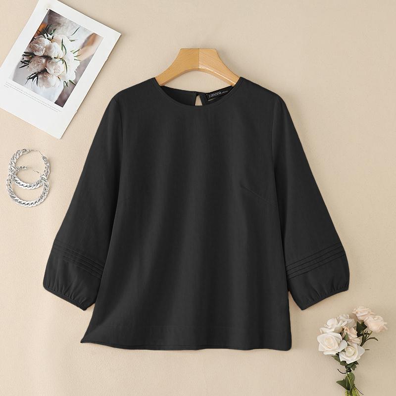 ZANZEA Women Casual Round Neck Solid Color 3/4 Sleeve Blouse