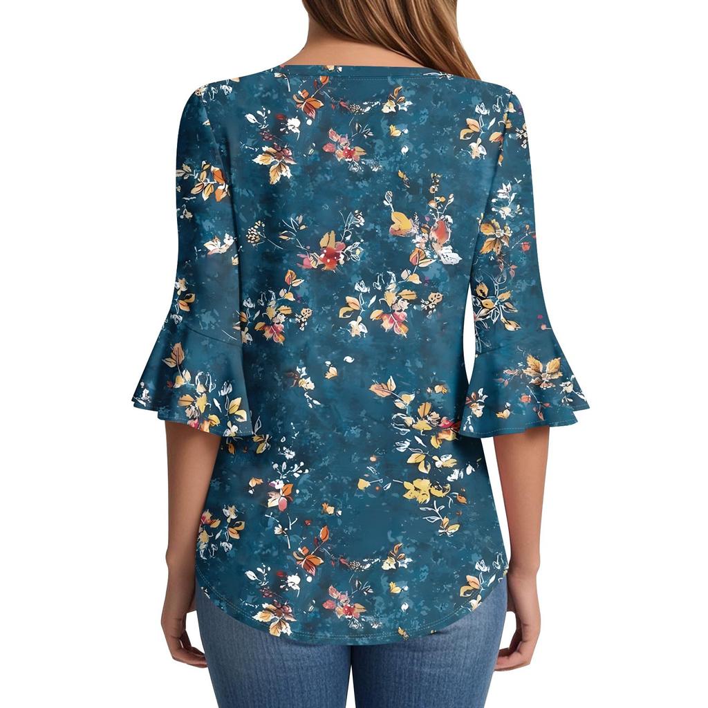 Dámská móda Ležérní plisované tričko s výstřihem do V, jednobarevné, tříčtvrteční rukáv, elegantní top