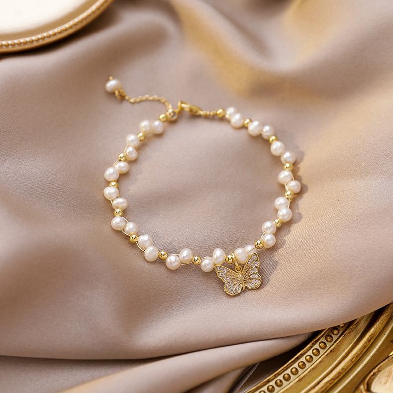 Special-Shaped Freshwater Pearl Butterfly Necklace Femininity Fashion Super Fairy Butterfly Pull Adjustable Bracelet Set