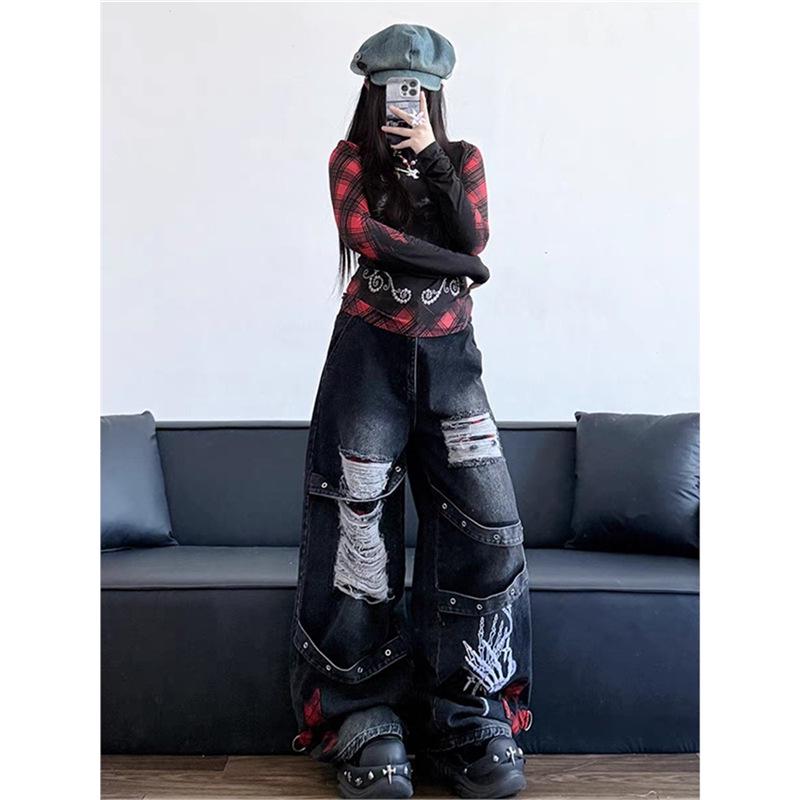 Gothic Punk Style Ripped Wide-Leg Jeans for Women