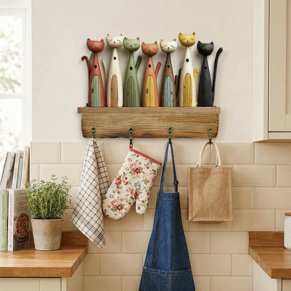 Wall Decoration Colorful Cat Wooden Key Hanger 2D Flat with 4 Hooks Animal Key Holder Retro Design Wall-Mounted Key Holder Home