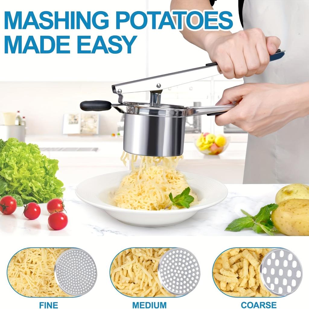 Stainless steel potato masher with silicone handle, potato press, potato purer, with interchangeable mesh